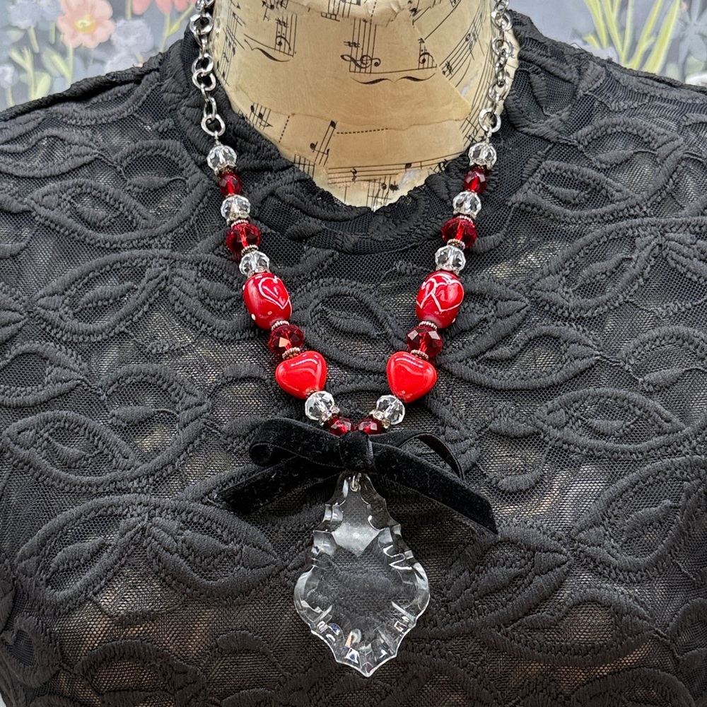 👑Adorned Crown Jewelry assemblage red heart bead crystal drop ribbon necklace